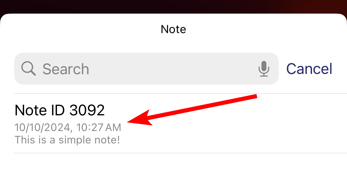 Selecting a note to display in the Sticky Widgets widget on iPhone.