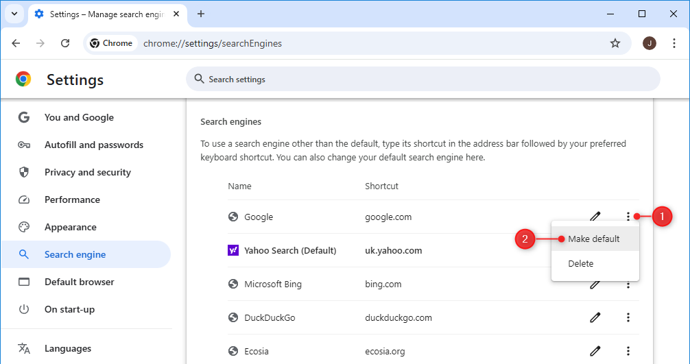 Setting a search engine as default in Google Chrome on desktop.