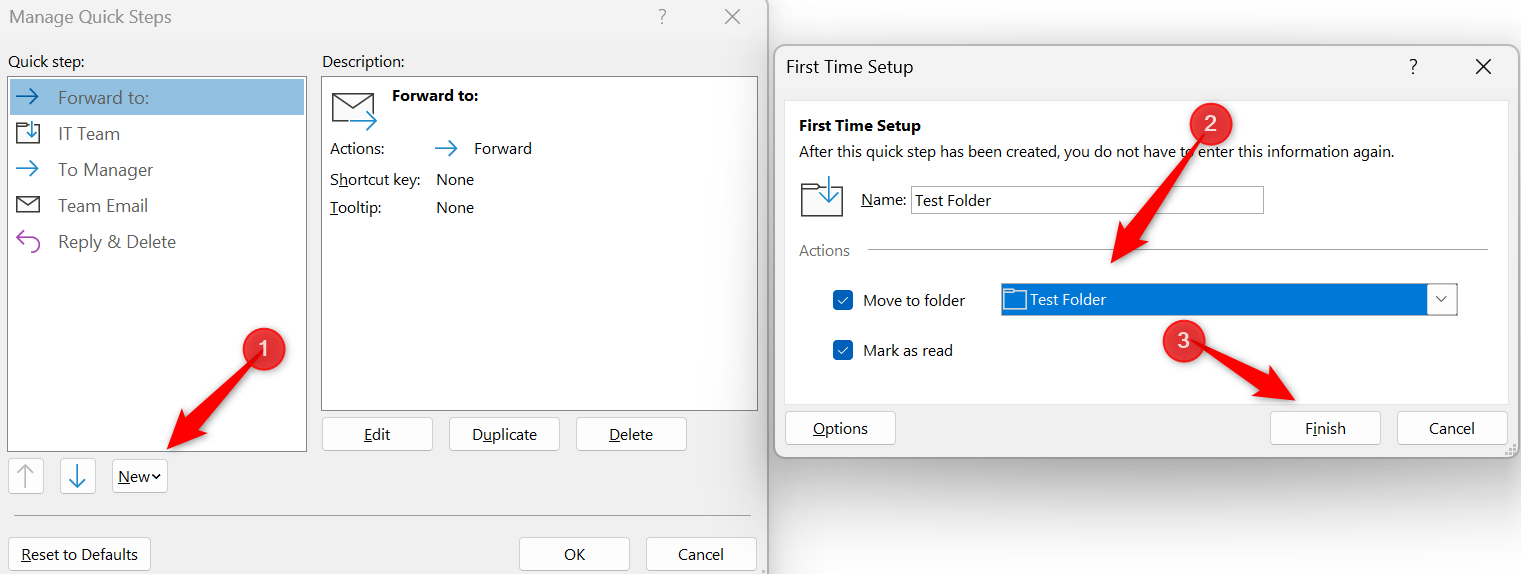 Setting up a custom quick step in Outlook.