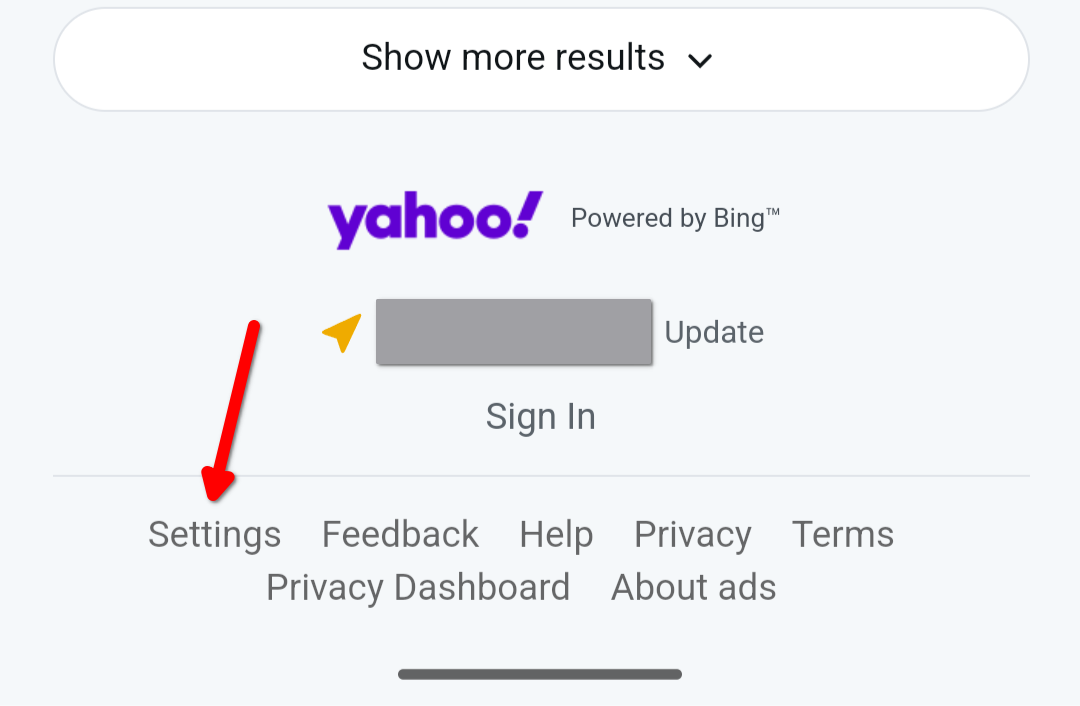 Settings button at the bottom of Yahoo's search results page.