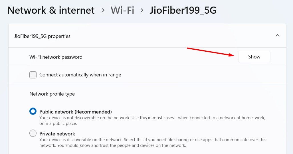 Параметр «Показать» в меню настроек Windows 11.