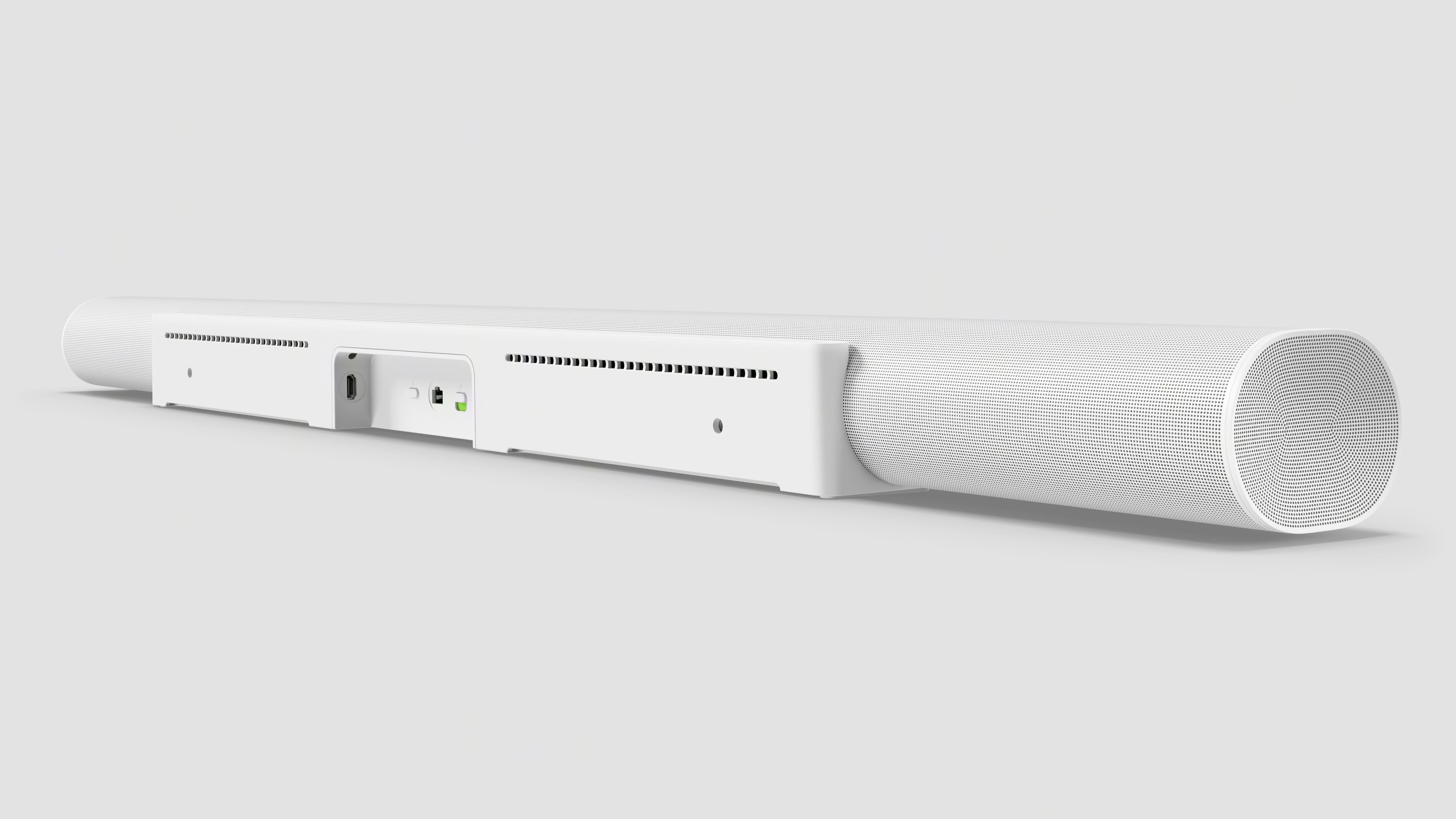 Rear view of a Sonos Arc Ultra soundbar in white, showcasing the ports and connections.