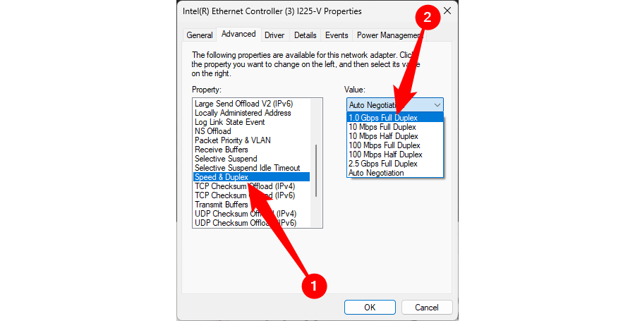 Changing the speed and duplex settings of an Ethernet connection in Windows.