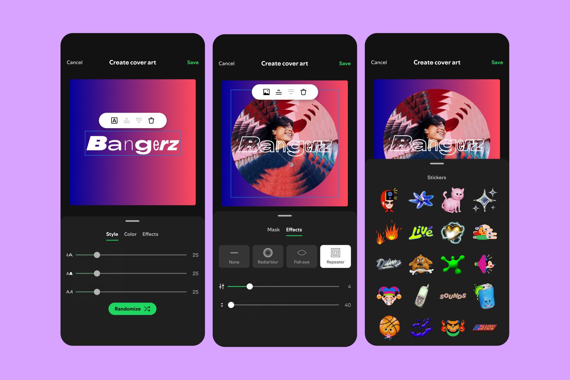 Three Spotify screenshots showcasing creating custom cover art for a playlist.