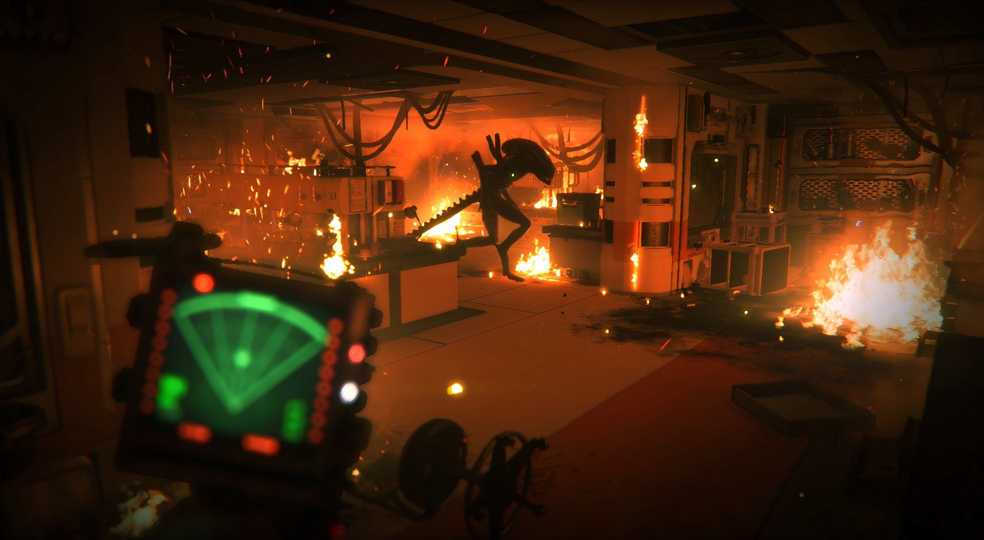 An alien moving through a burning laboratory