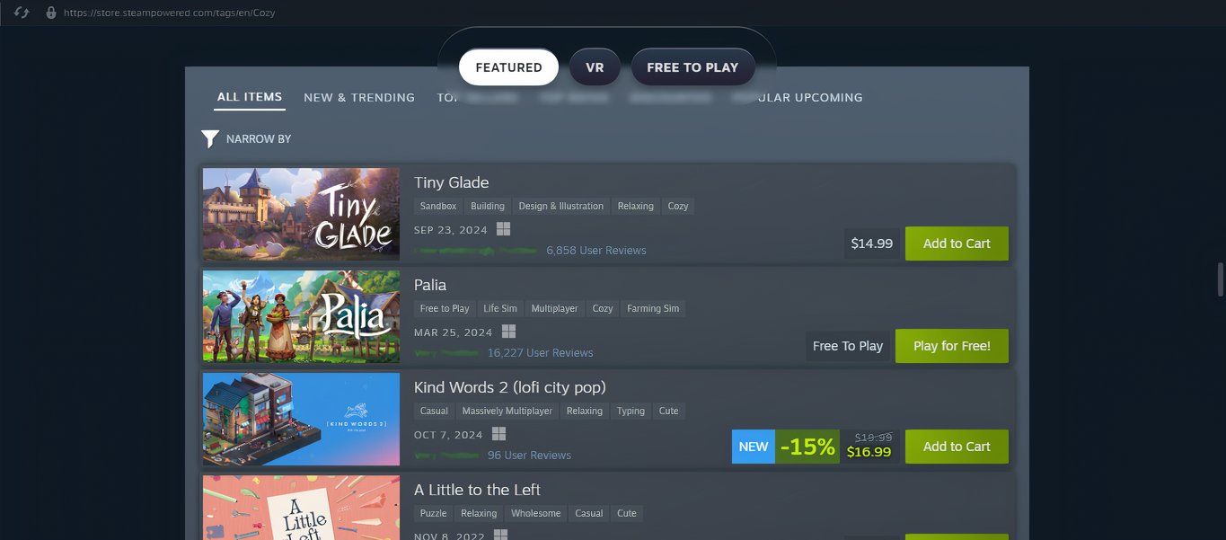 steam's search page for cozy games