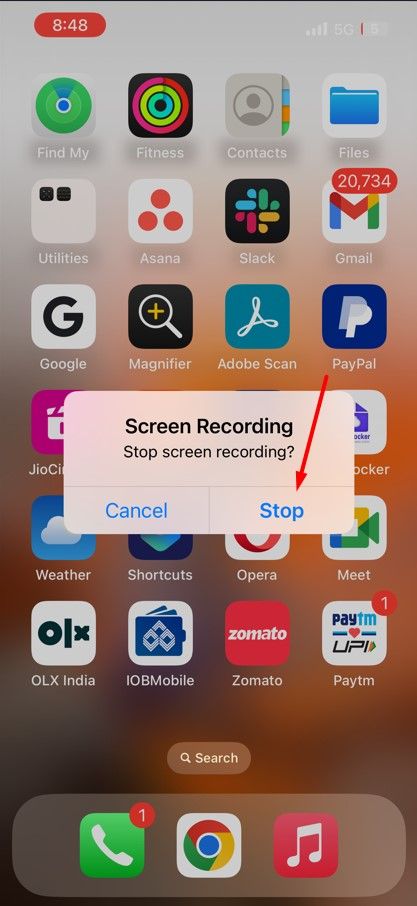 Stop button to stop screen recording in iPhone.