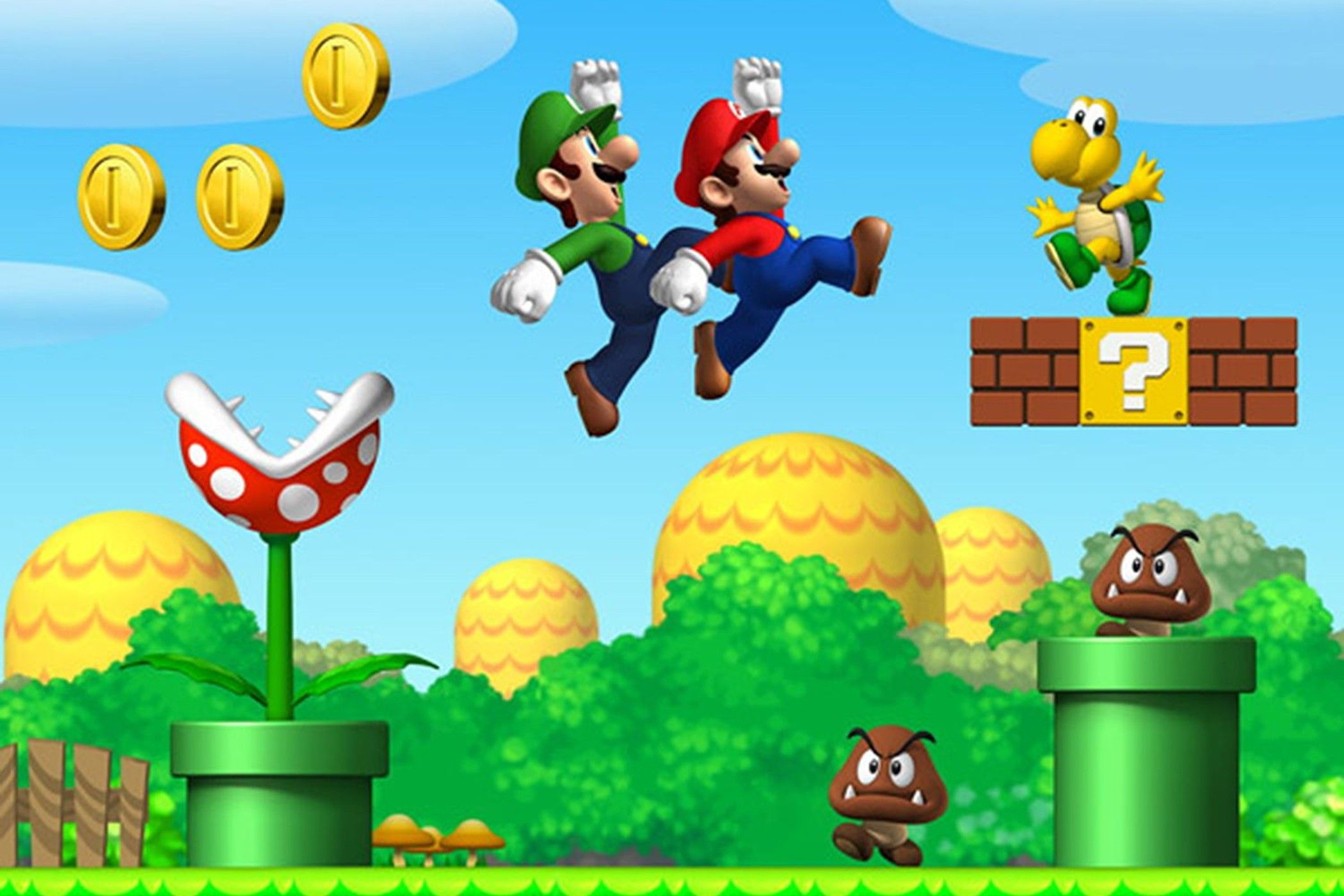 Super Mario characters in the Mushroom Kingdom.