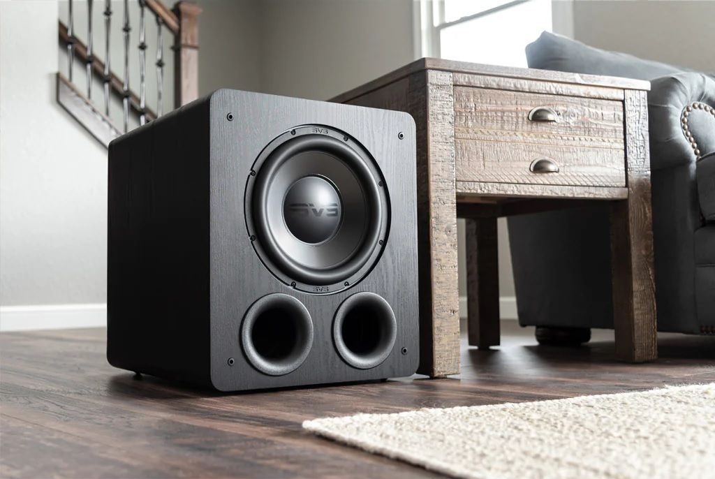 svs pb-2000 pro 12 inch ported subwoofer with black ash finish, next to stand