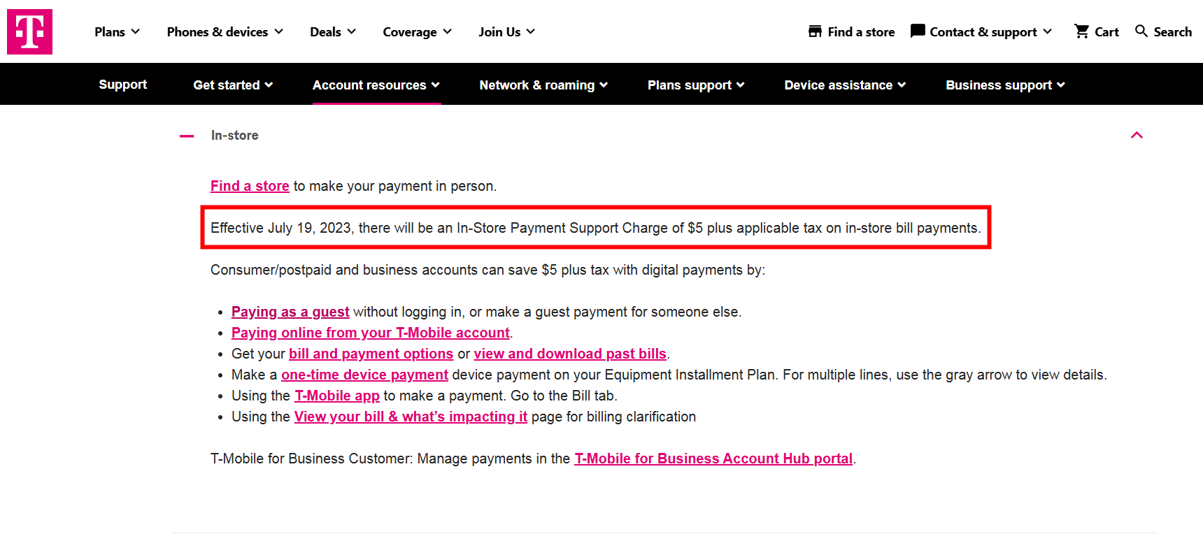 T-Mobile in-store bill payment policy.