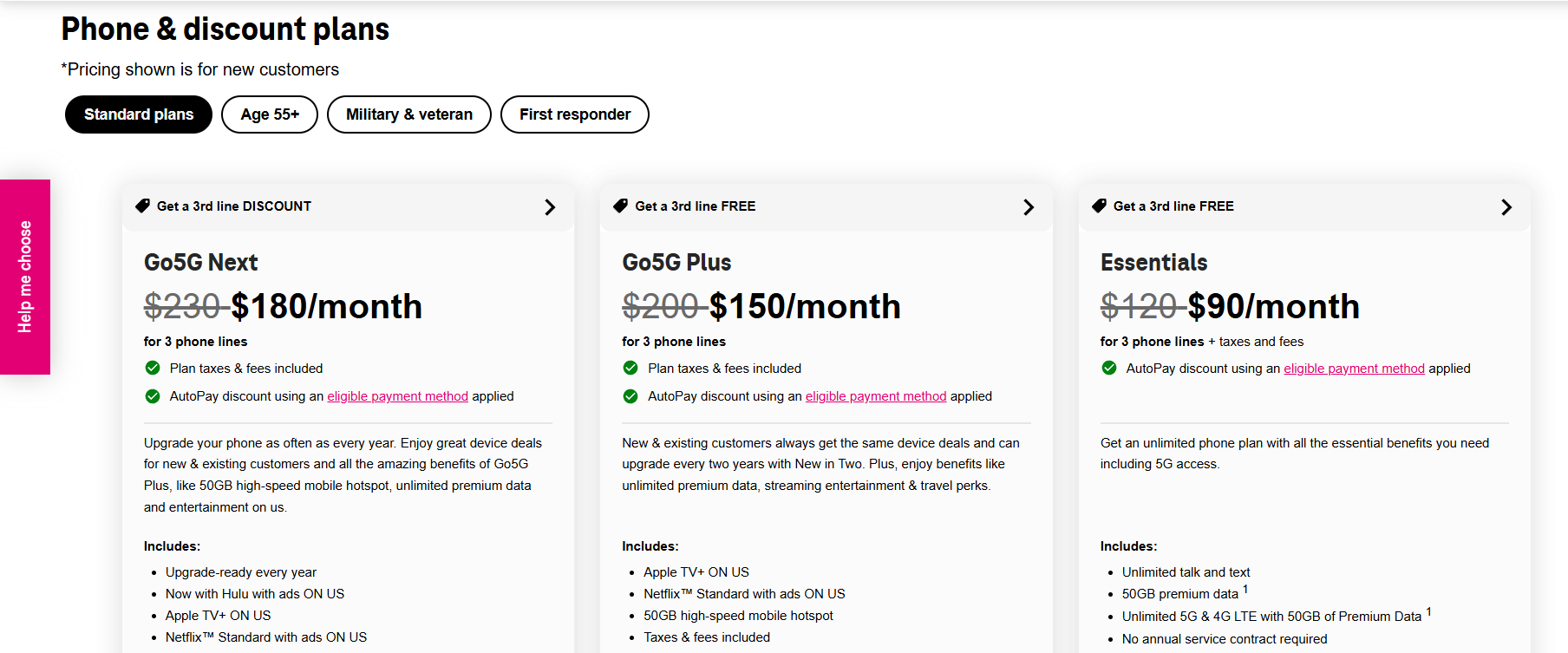 T-Mobile phone and discount plan comparison page preview.