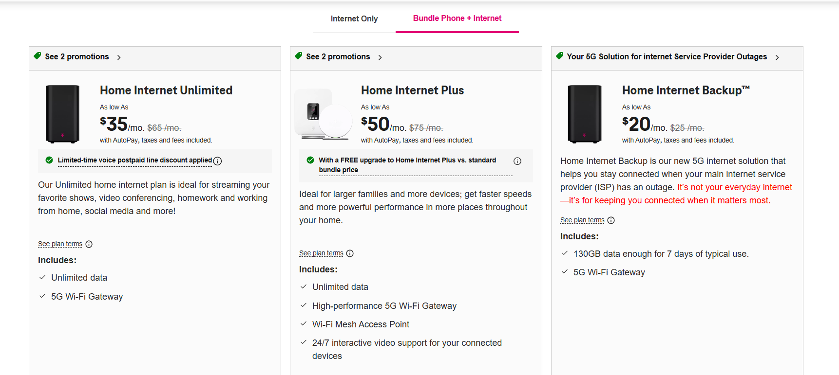 T-Mobile phone and internet bundle options.