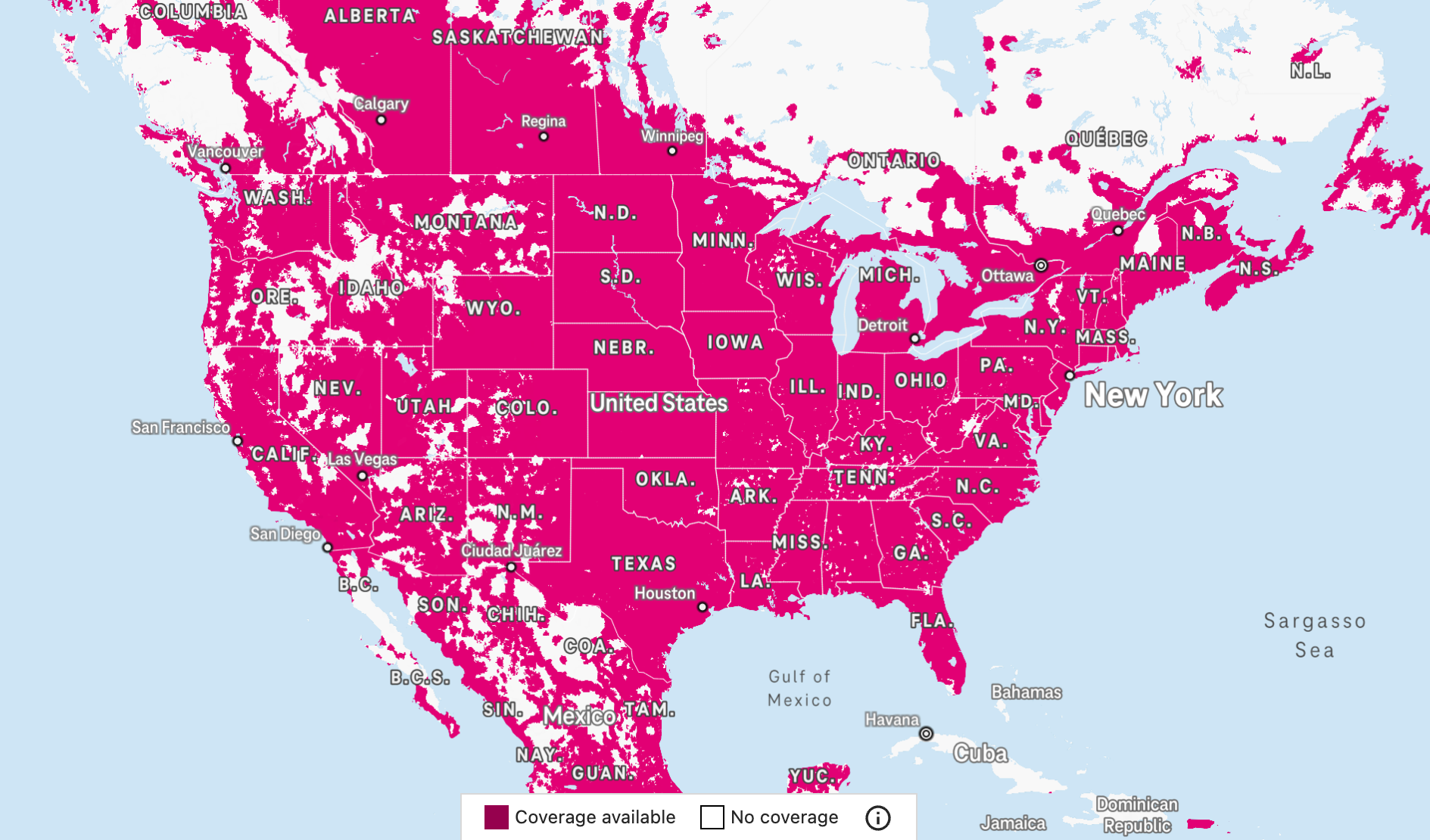 T-Mobile network coverage map for the United States.