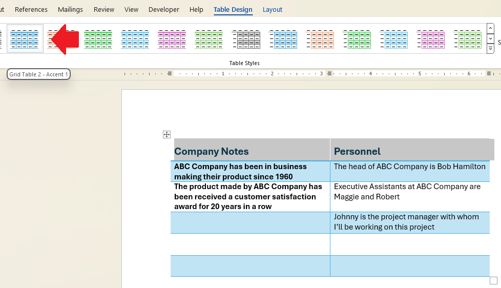 Selected table style in Word document