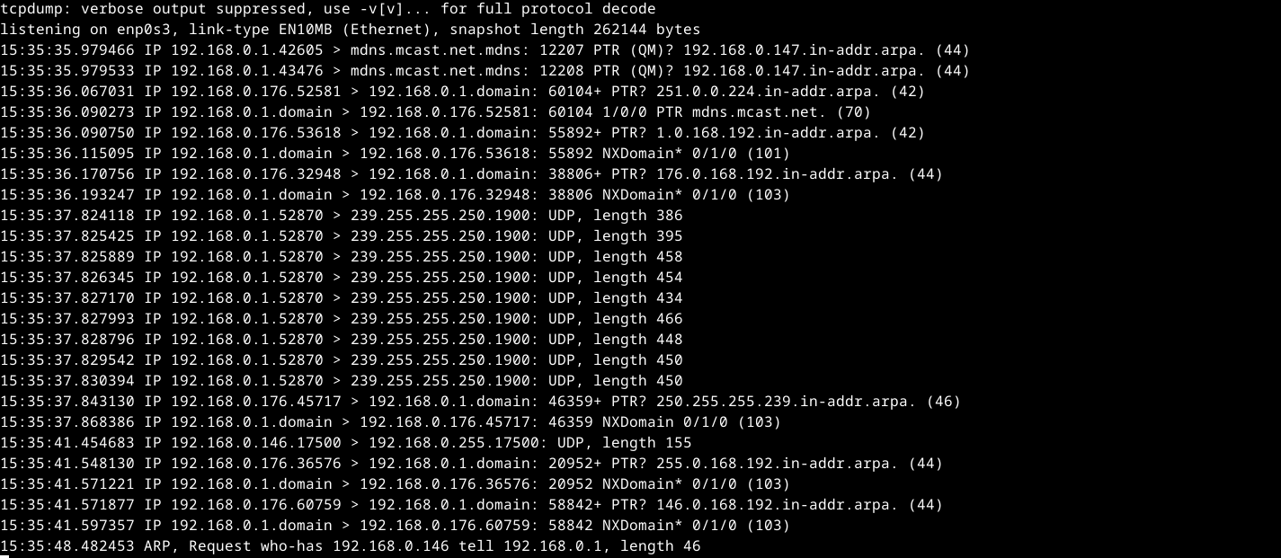 Output of the tcpdump command in the Linux terminal.