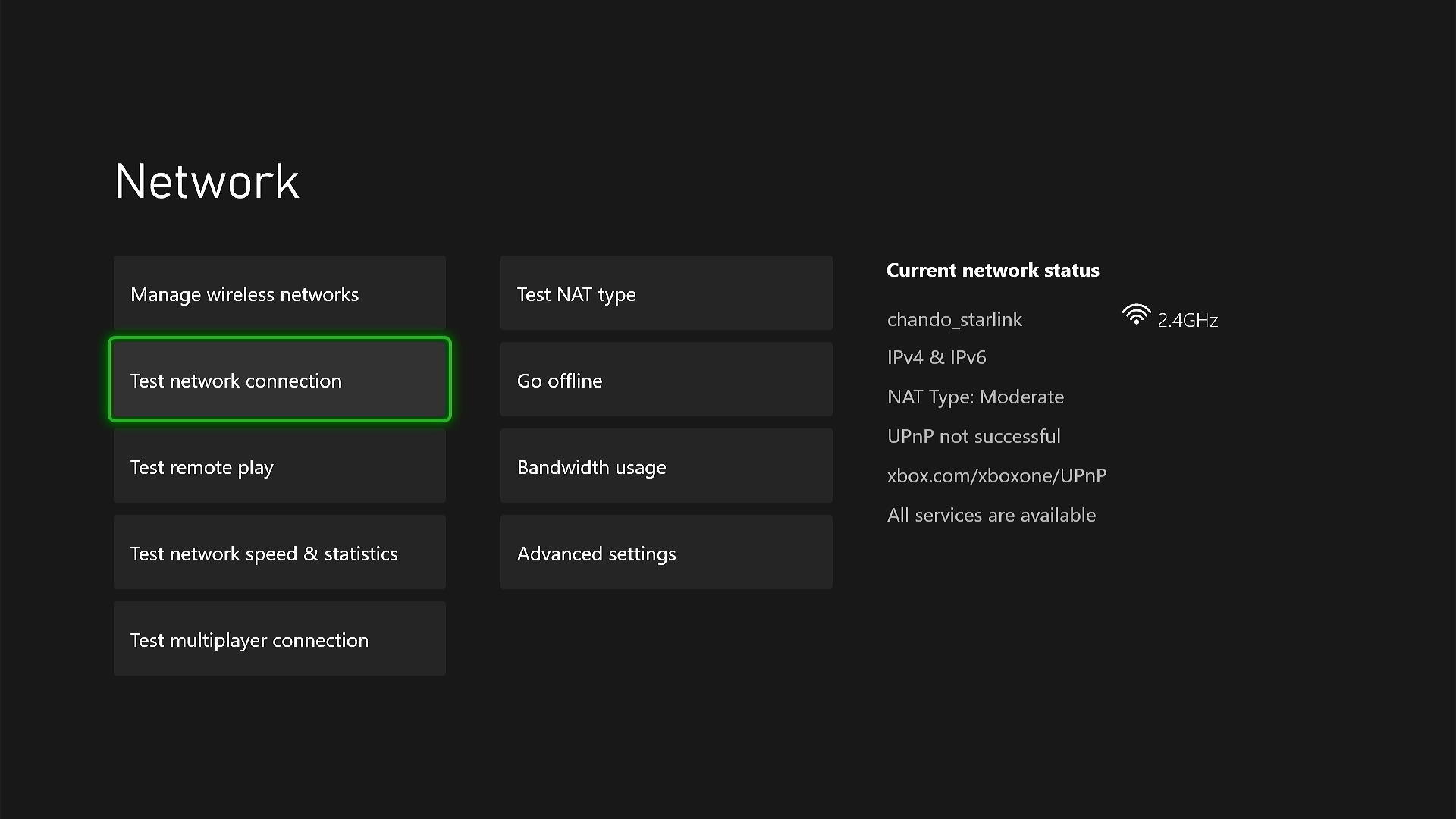 Testing the network connection on Xbox.