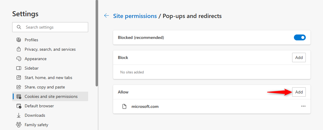 The Allow pop-up section on Edge.