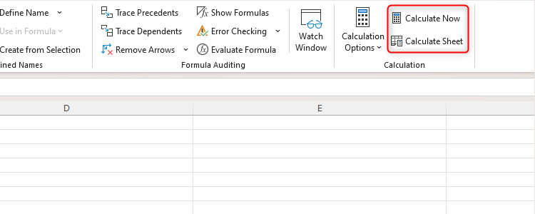 The Calculate Now and Calculate Sheet options in Excel.