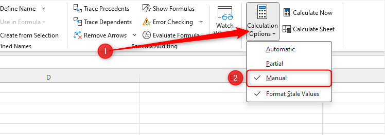 The Calculation Options drop-down menu in Excel, with Manual checked.