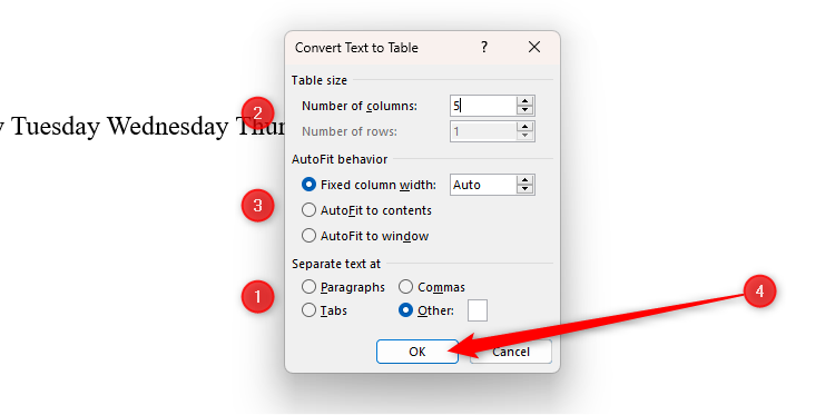 The Convert Text To Table dialog box in Word, with the order for addressing the options indicated using numbers.