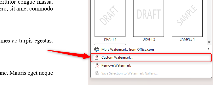 The Custom Watermark option in Microsoft Word.