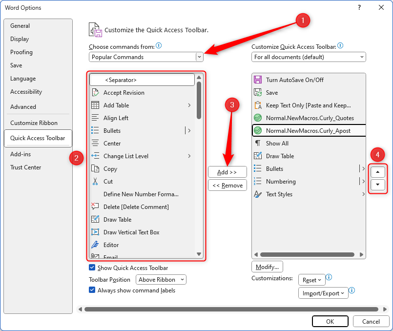 The Customize QAT options in the Word Options window.