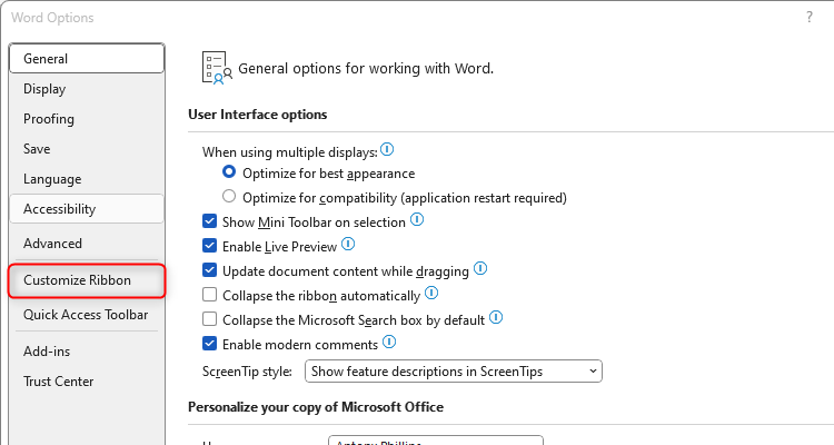 The Customize Ribbon option in the Word Options window.