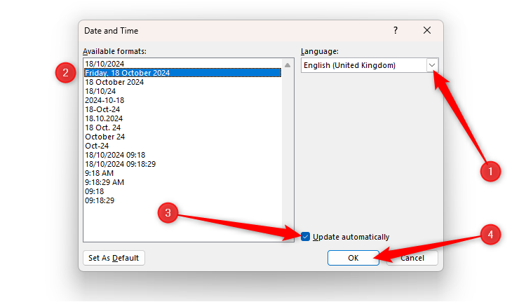 The Date And Time dialog box in Word, with the Language and Format options selected, the Update Automatically checkbox checked, and the OK button highlighted.