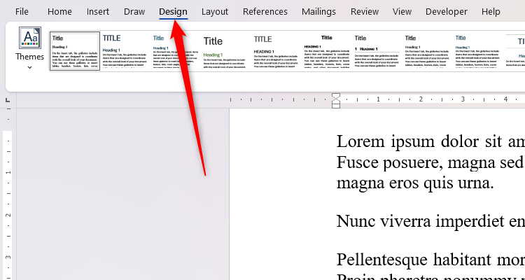 The Design tab in Microsoft Word's ribbon is selected.