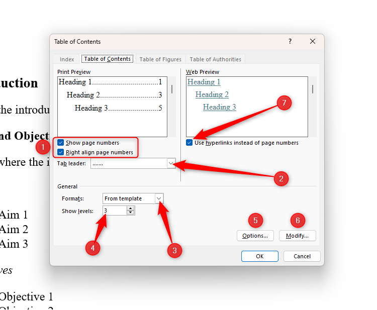 The different options in the Table Of Contents dialog box in Microsoft Word.