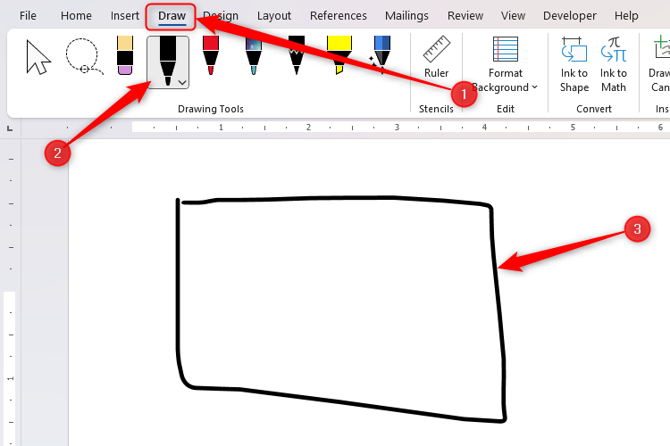 The Draw tool in Microsoft Word, with a geometric shape drawn on the page.