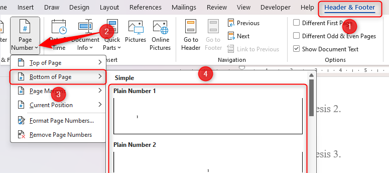 The Footer Page Number options in Microsoft Word.