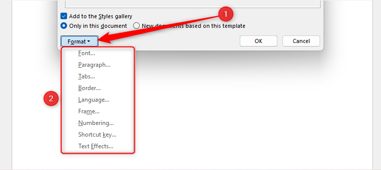 The Format drop-down menu in Word's Modify Style dialog box.