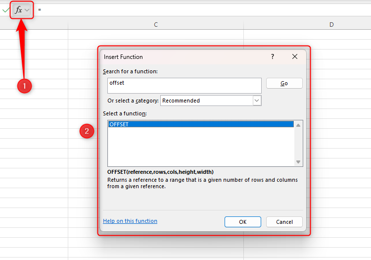 The function icon in Excel, and the Insert Function dialog box that appears as when clicked.