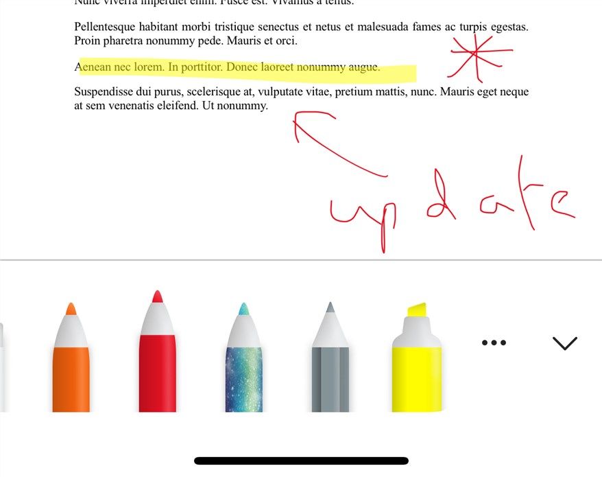 The Inking tool in the Word mobile app, with some annotations added to an existing document.