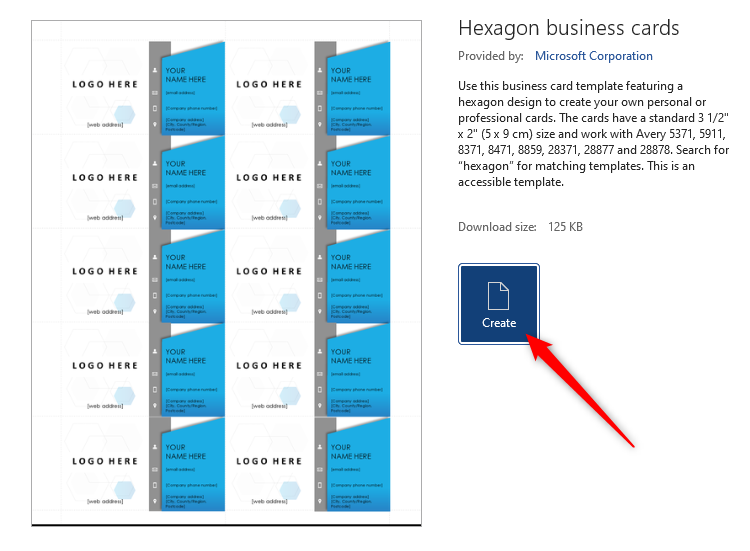 The Microsoft Word Hexagon business card template, with the Create button selected.