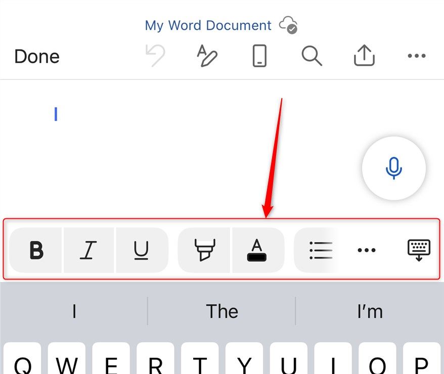 The Microsoft Word mobile app, with the editing tools at the bottom of the screen highlighted.