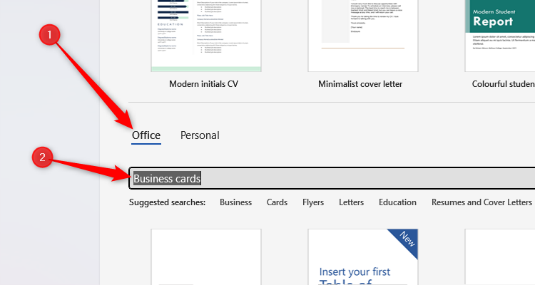 The Microsoft Word template search bar containing the words 'Business cards.'