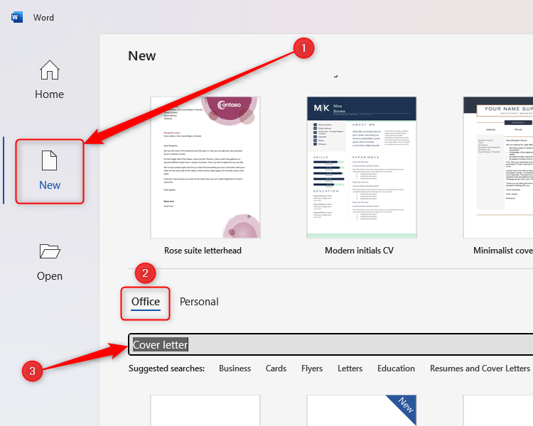 The Microsoft Word welcome screen, with 'Cover letter' typed into the template search.