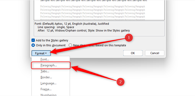 The Modify Style dialog box in Word, with the Paragraph drop-down option selected.