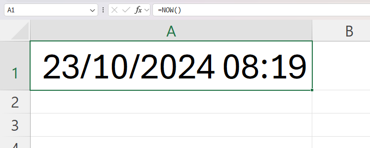 The NOW function in cell A1 of an Excel spreadsheet.