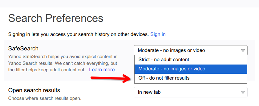 The 'Off' option in Yahoo's SafeSearch settings dropdown menu.