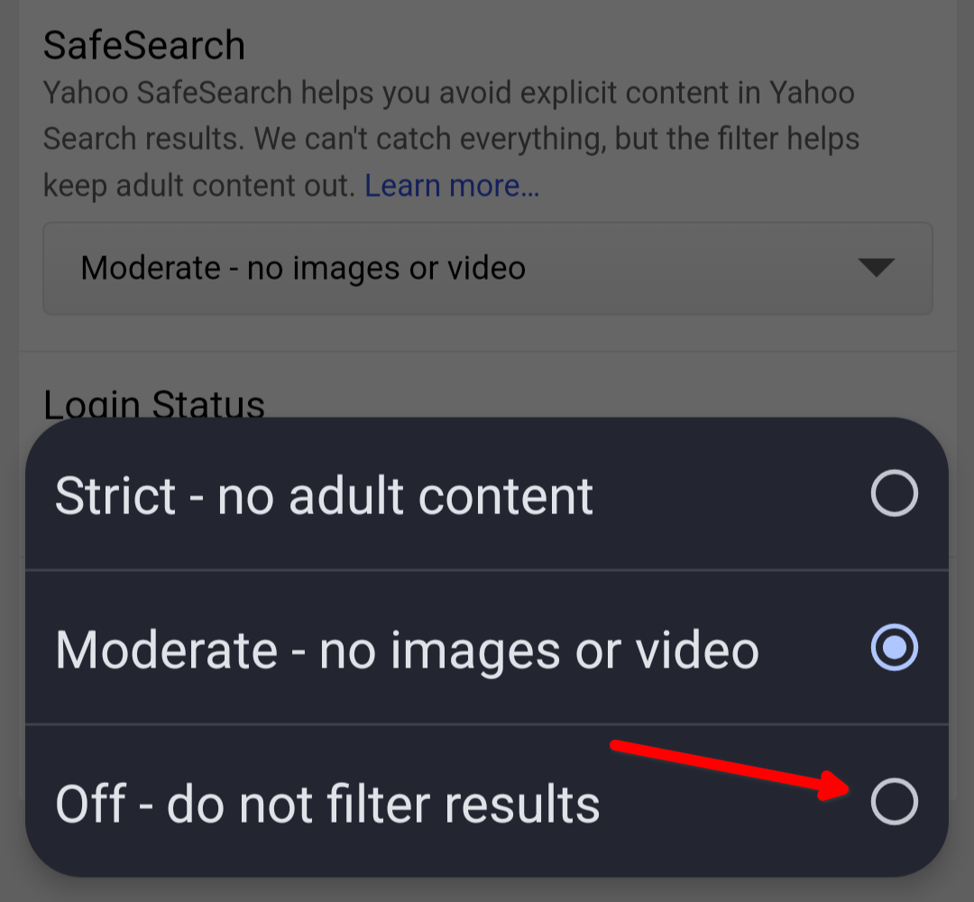 The 'Off' option in Yahoo's SafeSearch settings.