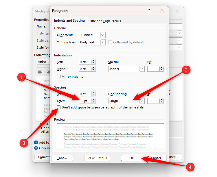 The Paragraph style dialog box, with Spacing After changed to 12 pt, Line Spacing set to Single, and the Don't Add Space checkbox checked.