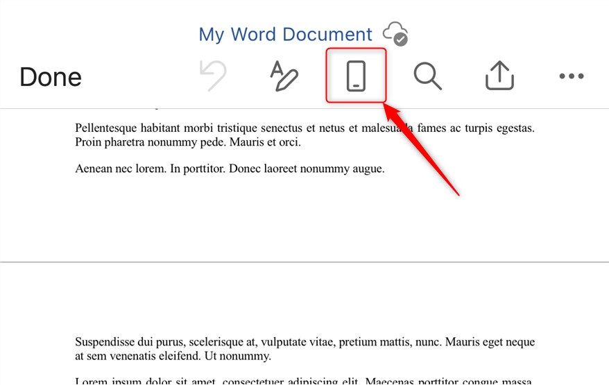 The Print View in the Microsoft Word mobile app, with the Mobile View icon highlighted.