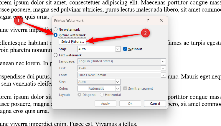 The Printed Watermark dialog box in Microsoft Word, with the Picture Watermark radio checked, and the Select Picture button selected.