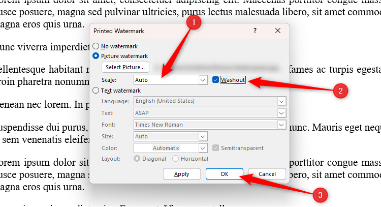 The Printed Watermark dialog box in Microsoft Word, with the Scale and Washout options adjusted, and the OK button selected.