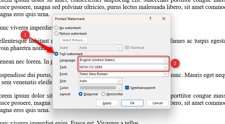 The Printed Watermark dialog box in Microsoft Word, with the Text Watermark radio checked, and the language and text input fields highlighted.