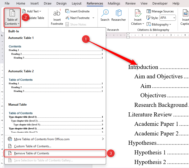 The Remove Table Of Contents option in Microsoft Word.