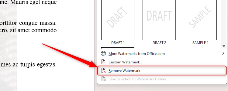 The Remove Watermark option in Microsoft Word.